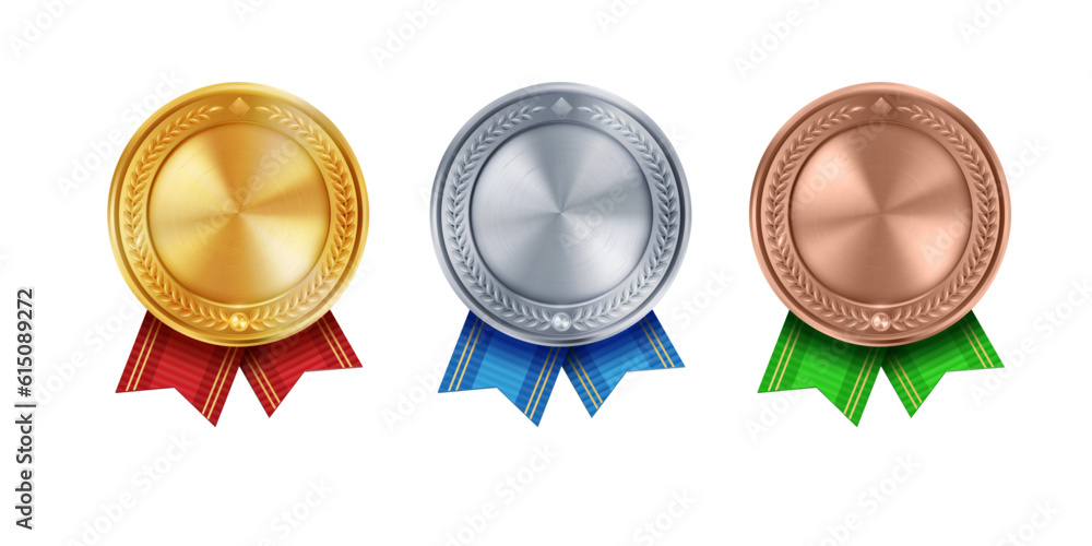 Shiny gold, silver, and bronze award medals with colorful ribbons. Vector collection on white background. Symbol of winners and achievements. Shiny gold, silver, and bronze award medals with colorful ribbons. Vector collection on white background. Symbol of winners and achievements.