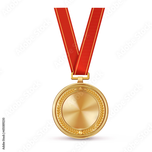 Realistic gold empty medal on red ribbon. Sports competition awards for first place. Championship reward for victories and achievements