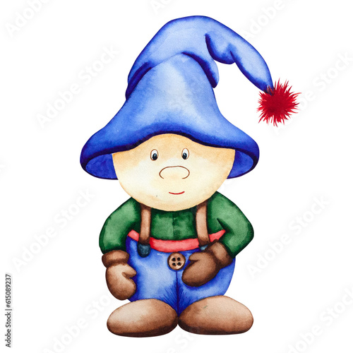 Watercolor gnome. Hand drawn watercolor drawing of a boy - a gnome in a blue suit and a hat. For your design