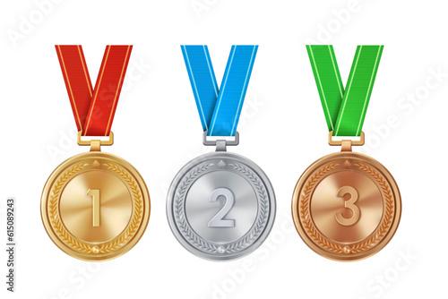 Realistic set of golden, silver, and bronze medals on colorful ribbons. Sports competition awards for 1st, 2nd, and 3rd place. Championship rewards for achievements and victories.