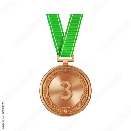 Realistic bronze medal on green ribbon with engraved number three. Sports competition awards for third place. Championship reward for achievements and victory.