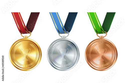 Realistic set of golden, silver, and bronze medals on colorful ribbons. Sports competition awards for 1st, 2nd, and 3rd place. Championship rewards for achievements and victories.