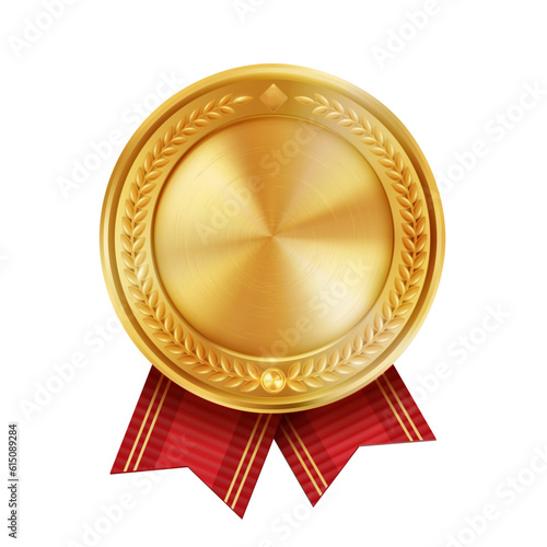Shiny realistic empty gold award medal with red ribbon rosettes on white background. Symbol of winners and achievements.