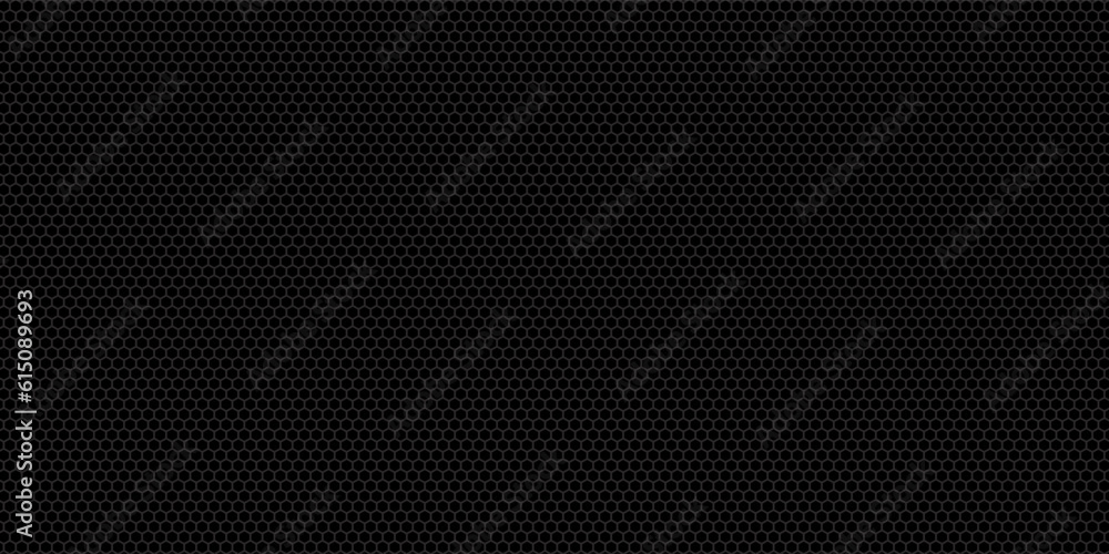 Dark grey hexagon abstract wide horizontal banner with hexagon carbon fiber grid and orange luminous lines.