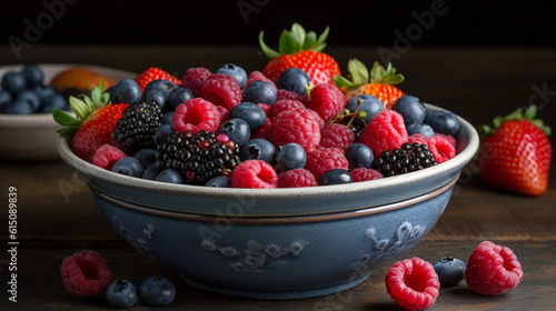 A bowl of vibrant mixed berries  including strawberries  blueberries  and raspberries