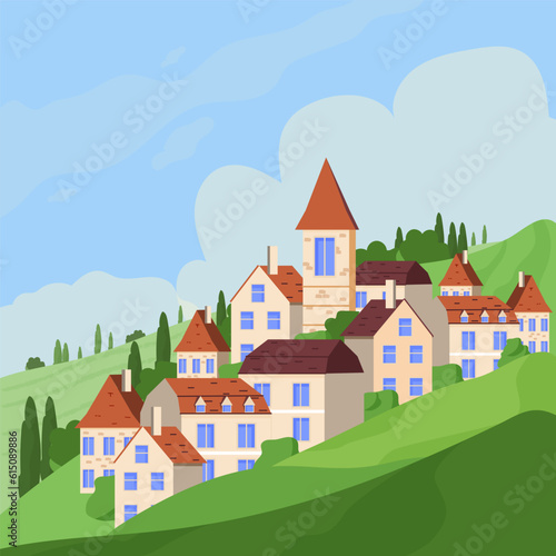 Panoramic Vector illustration of rural countryside with European houses on hills stock vector illustration. Positive green scene, panoramic views.
