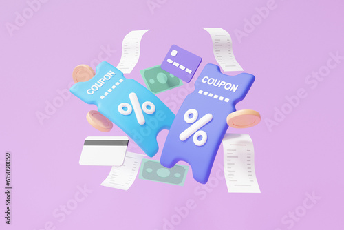 Promotion coupons discount tag concept. refund online marketing payments coin and banknotes bill money floating on purple background. pay money cashback. 3d rendering illustration