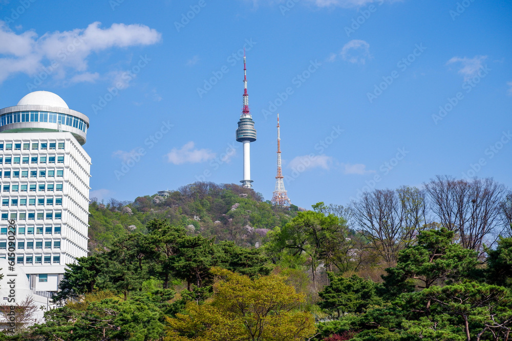 Beautiful view of N Tower or Seoul Tower on Namsan mountain during winter, Seoul, South Korea