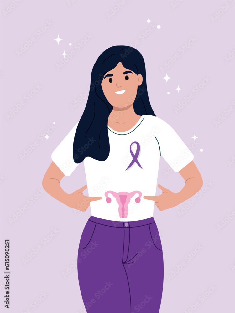 Uterine Fibroids symptoms, diagnostic and treatment. A young smiling girl points to the female reproductive organ. July is fibroid awareness month. A ribbon for a woman and a symbol of women's health. Uterine Fibroids symptoms, diagnostic and treatment. A young smiling girl points to the female reproductive organ. July is fibroid awareness month. A ribbon for a woman and a symbol of women's health.