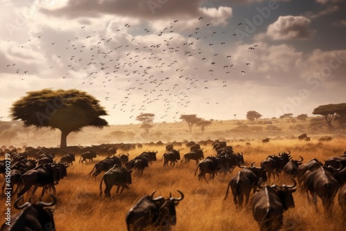 Annual wildebeest migration in the Serengeti, showcasing a vast landscape filled with thousands of animals on the move, symbolizing the circle of life and the beauty of nature. Generative AI