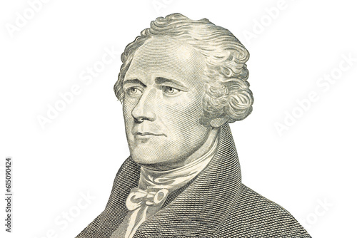 Alexander Hamilton face portrait on white background. US ten or 10 dollars bill