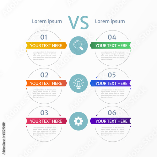 Processes comparison infographic chart design template. Abstract infochart with editable contour. Instructional graphics with 6 step sequence. Visual data presentation. Merriweather Sans font used