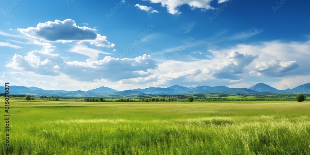 Panoramic natural landscape with green grass field, blue sky with clouds and and mountains in background. Panorama summer spring meadow. Shallow depth of field. Generative AI.