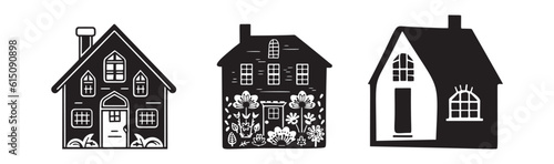 Set of rustic cottage motif in homestead vintage style. Vector illustration of whimsical rural country house. 
