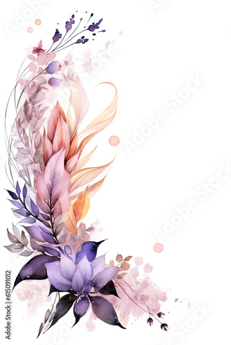 lavender and peach swashes with flowers, watercolor paint abstract border frame for design layout, isolated on a transparent background, generative ai