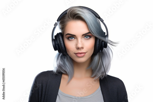 Portrait of a fashionable young woman wearing headphones listening to music