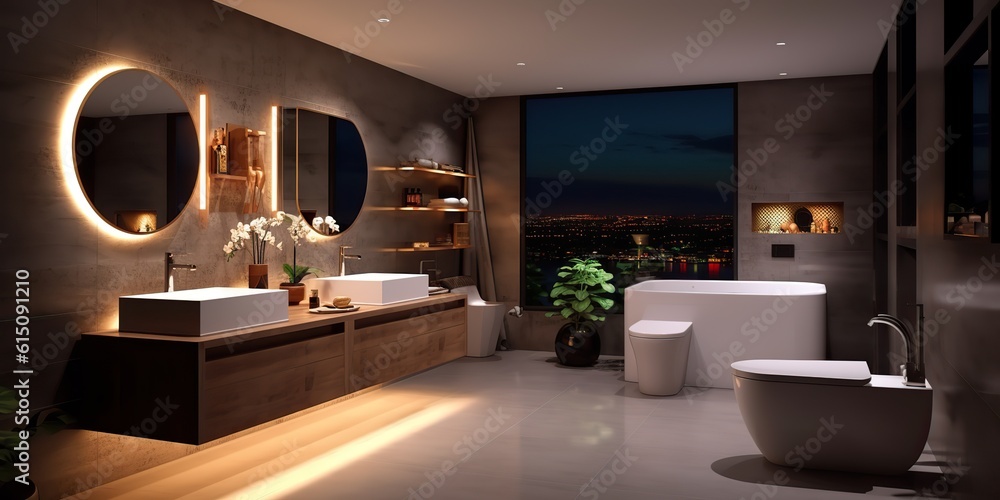 AI Generated. AI Generative. House room bathroom spa toilet indoor architexture design  with bath mirror ceramic and minimal luxury style vibe. Graphic Art