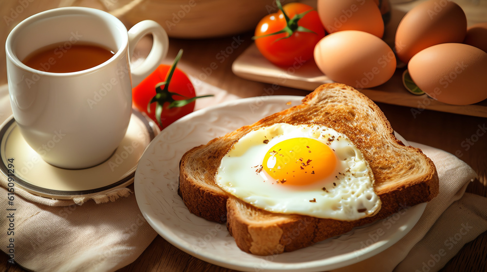 grilled bread and tomato with an egg on a plate with coffee grilled bread and tomato with an egg on a plate with coffee