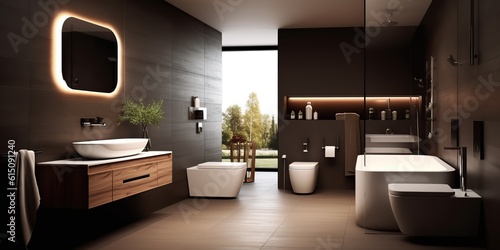 AI Generated. AI Generative. House room bathroom spa toilet indoor architexture design  with bath mirror ceramic and minimal luxury style vibe. Graphic Art