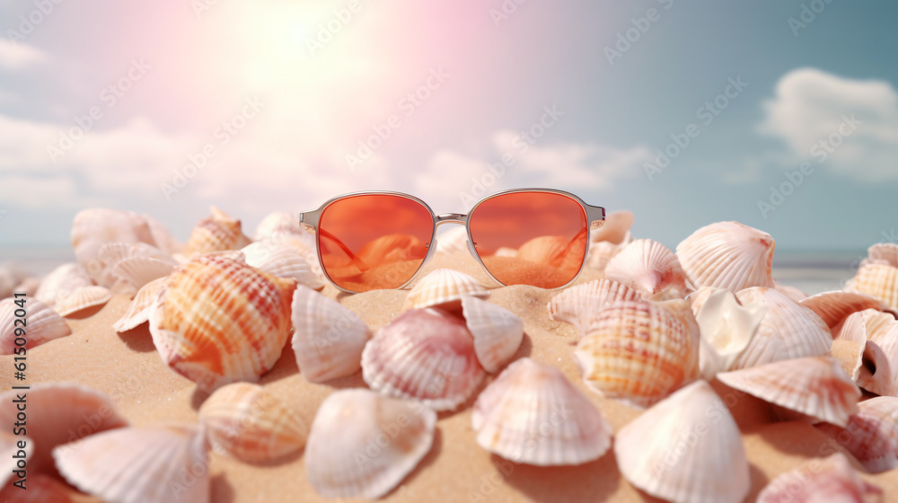 summer desert picturing close up view of sunglasses and seashell sunny day sky with clouds summer desert picturing close up view of sunglasses and seashell sunny day sky with clouds