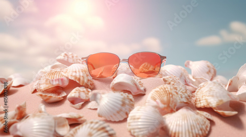 summer desert picturing close up view of sunglasses and seashell sunny day sky with clouds