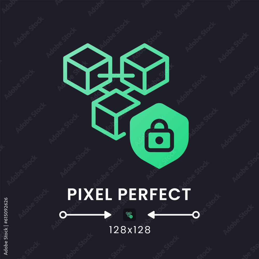 Blockchain security green solid gradient desktop icon on black. Risk management system. Fraud prevention. Pixel perfect 128x128, outline 4px. Glyph pictogram for dark mode. Isolated vector image Blockchain security green solid gradient desktop icon on black. Risk management system. Fraud prevention. Pixel perfect 128x128, outline 4px. Glyph pictogram for dark mode. Isolated vector image