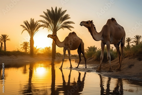 Camels in desert oasis at sunset. Amazing African Wildlife. Generative Ai
