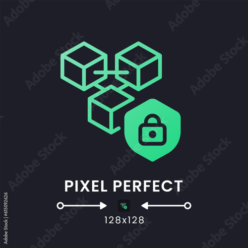 Blockchain security green solid gradient desktop icon on black. Risk management system. Fraud prevention. Pixel perfect 128x128, outline 4px. Glyph pictogram for dark mode. Isolated vector image