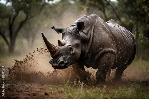 Wild rhino in the African savannah enjoying and splashing mud. Amazing African Wildlife. Generative Ai