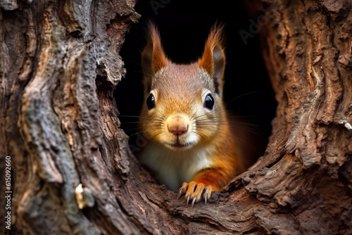 Squirrel hiding in a tree hole in the forest. Amazing wildlife. Generative Ai