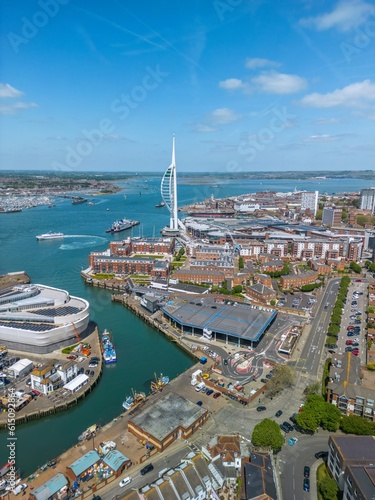 The drone aerial view of Portsmouth Harbour. Portsmouth is a port city and unitary authority in Hampshire, England.