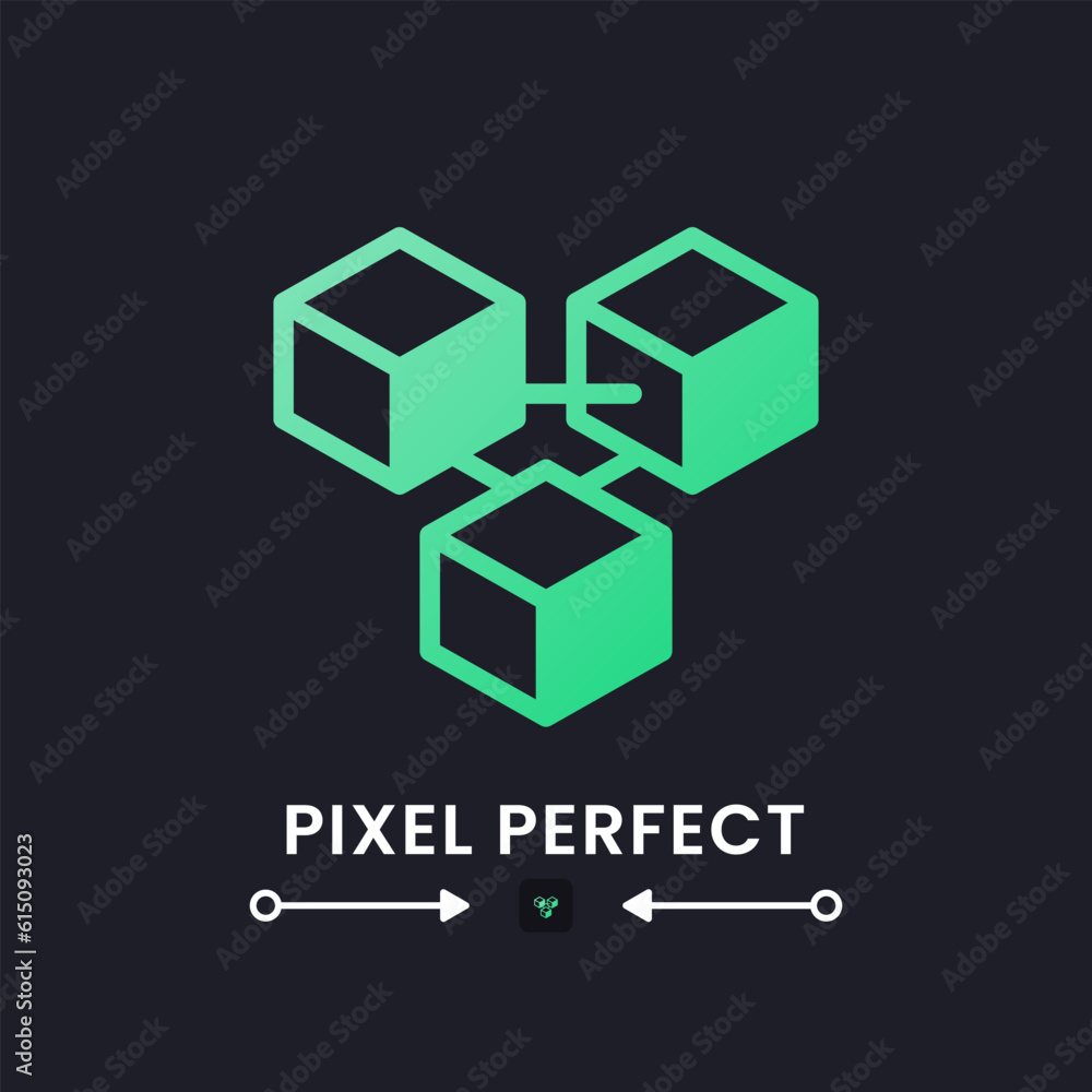 Blockchain network green solid gradient desktop icon on black. Money transfer. Secure transactions. Pixel perfect 128x128, outline 4px. Glyph pictogram for dark mode. Isolated vector image
