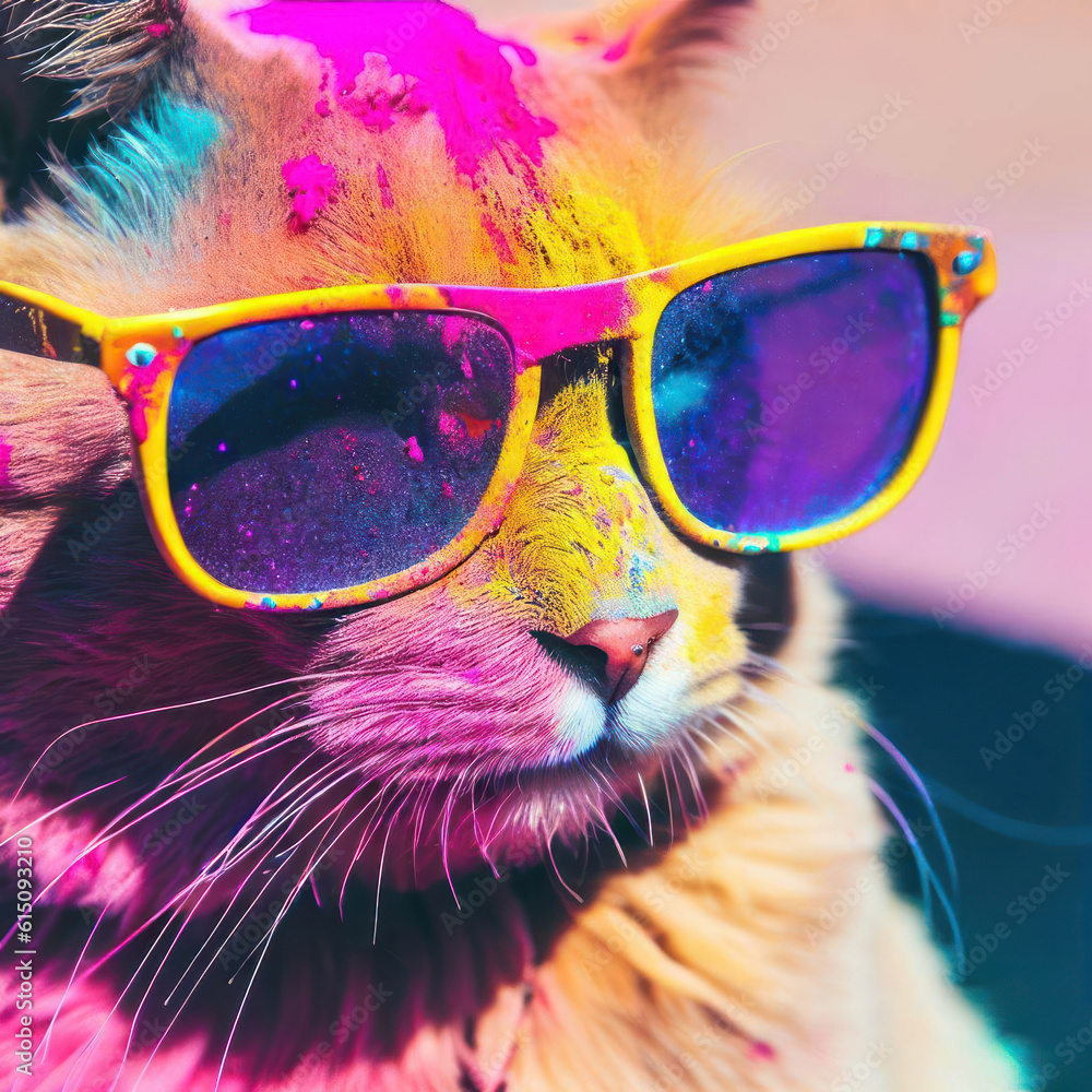 A cat wearing eyeglasses with Colorful holi powder blowing up from the indian holi festival.Generative AI