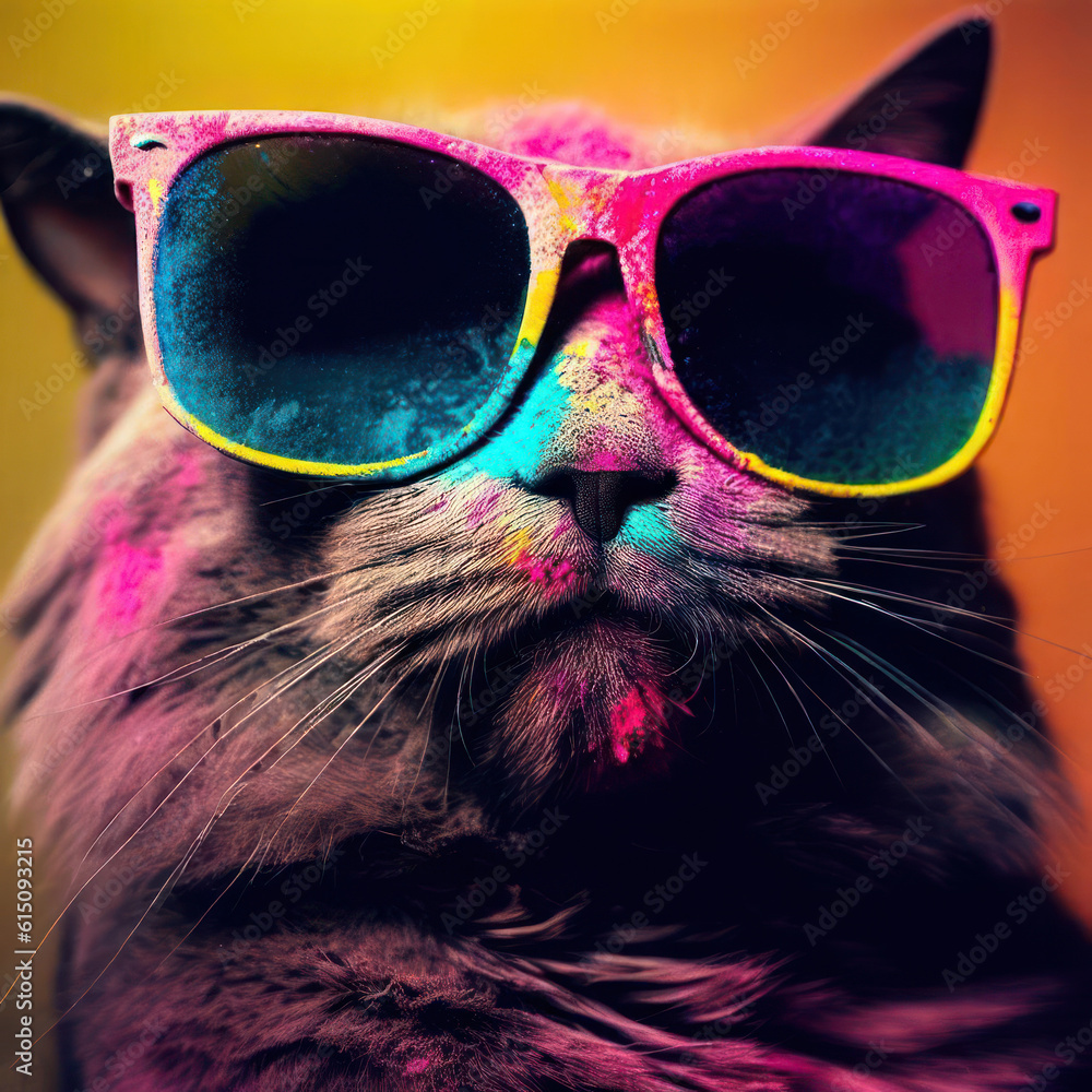 A cat wearing eyeglasses with Colorful holi powder blowing up from the indian holi festival.Generative AI
