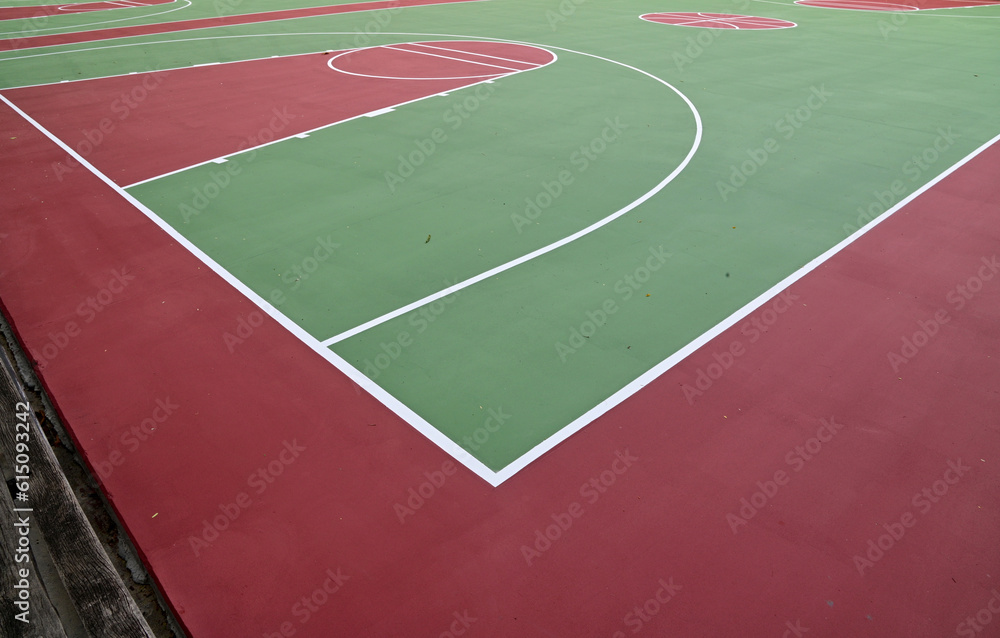 Colorful Floor volleyball, futsal, basketball, badminton court with outdoor amphitheater in the school and universities. ourdoor sports concept.