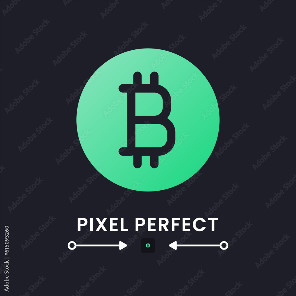 Bitcoin green solid gradient desktop icon on black. Virtual money. Financial technology. Mining software. Pixel perfect 128x128, outline 4px. Glyph pictogram for dark mode. Isolated vector image Bitcoin green solid gradient desktop icon on black. Virtual money. Financial technology. Mining software. Pixel perfect 128x128, outline 4px. Glyph pictogram for dark mode. Isolated vector image
