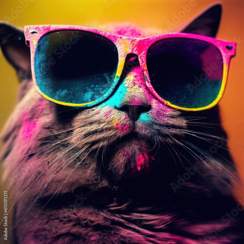A cat wearing eyeglasses with Colorful holi powder blowing up from the indian holi festival.Generative AI © 2D_Jungle