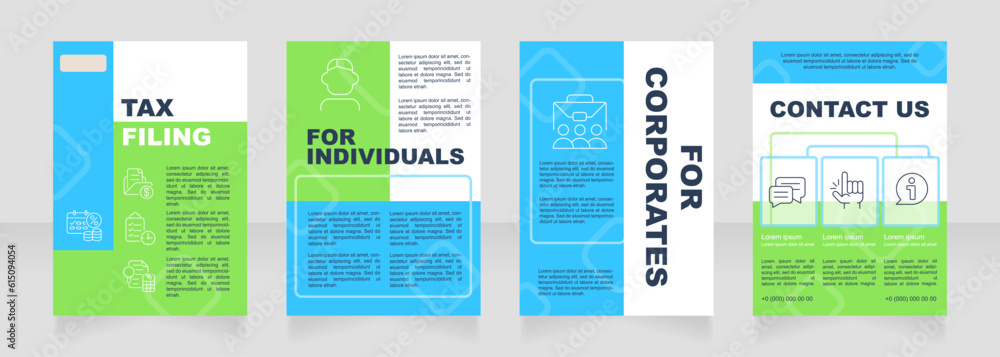 Tax filing blue and green premade brochure template. Accounting services. Bookkeeping consulting. Annual financial reporting booklet design with icons, copy space. Editable 4 layouts. Arial font used