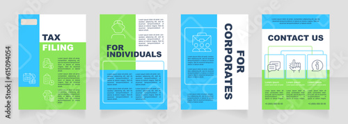 Tax filing blue and green premade brochure template. Accounting services. Bookkeeping consulting. Annual financial reporting booklet design with icons, copy space. Editable 4 layouts. Arial font used