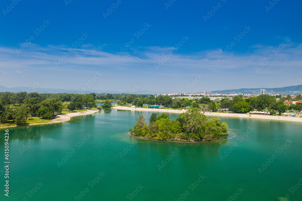 Aerial view of Jarun lake in Zagreb, Croatia, tourist destination