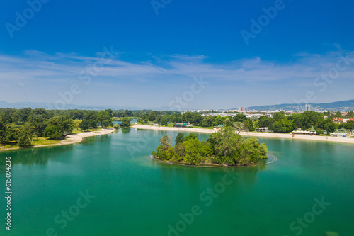 Aerial view of Jarun lake in Zagreb, Croatia, tourist destination