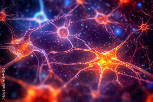 Neuronal network in the brain, with vibrant synapses and a blurry background Generative AI