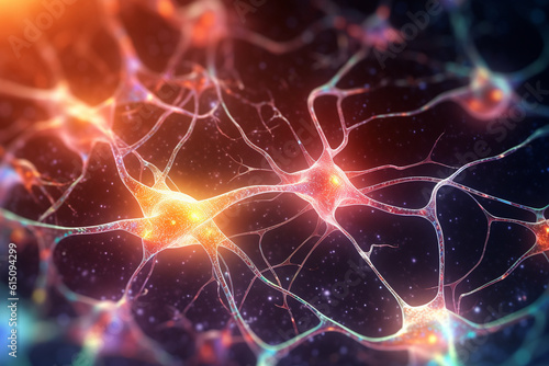 Digital illustration of interconnected neurons, with a soft glow and a blurry background Generative AI