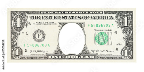 U.S. 1 dollar border. with Empty middle area. One dollar bill with hole instead of face.