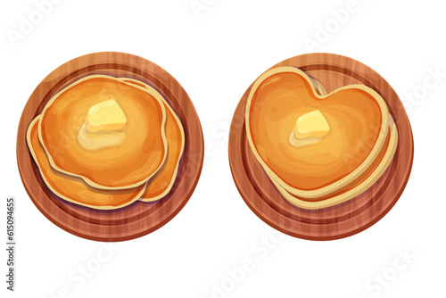 Set Pancakes stack with butter top view on wooden round desk or plate in cartoon style isolated on white background. Circle dessert and heart shape, breakfast. 