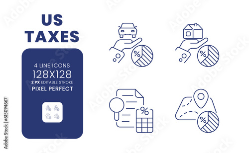 US taxes linear desktop icons set. Payment obligations. State income. IRS audit. Federal revenue. Pixel perfect 128x128, outline 2px. Isolated user interface elements pack for website. Editable stroke