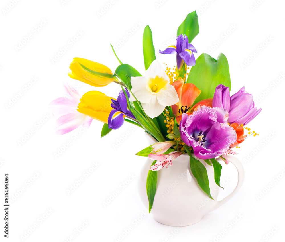 Bright spring bouquet in a white vase. spring flowers, daffodils, tulips, hyacinths, irises and mimosa isolated on a white background Bright spring bouquet in a white vase. spring flowers, daffodils, tulips, hyacinths, irises and mimosa isolated on a white background