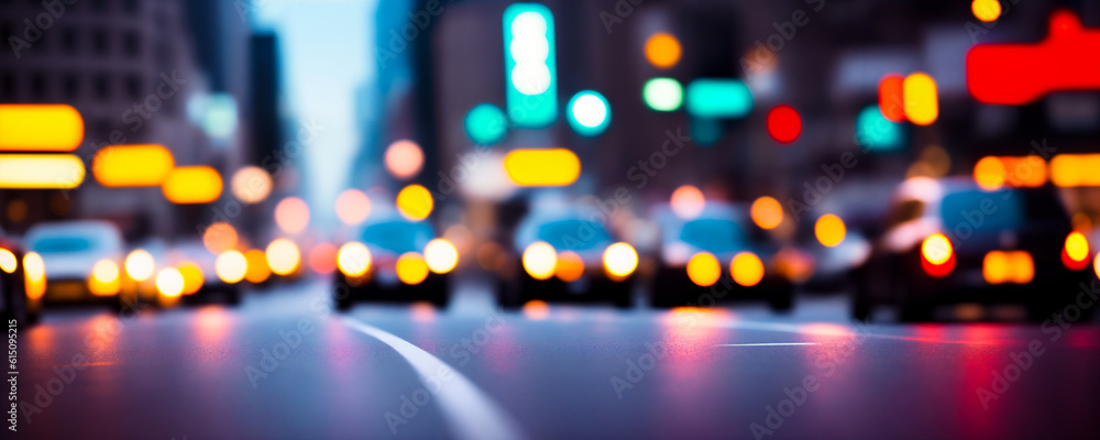 Evening blurred panorama background of big city sunset with cars and long exposure blurred car headlights and street lights with skyscrapers. Copy space for advertising text. Generative AI.