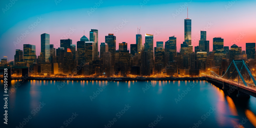 Obraz premium Evening panorama of a big city with skyscrapers from the height of a helicopter or drone with blurred car headlights on a long exposure. Copy space for advertising text. Generative AI.