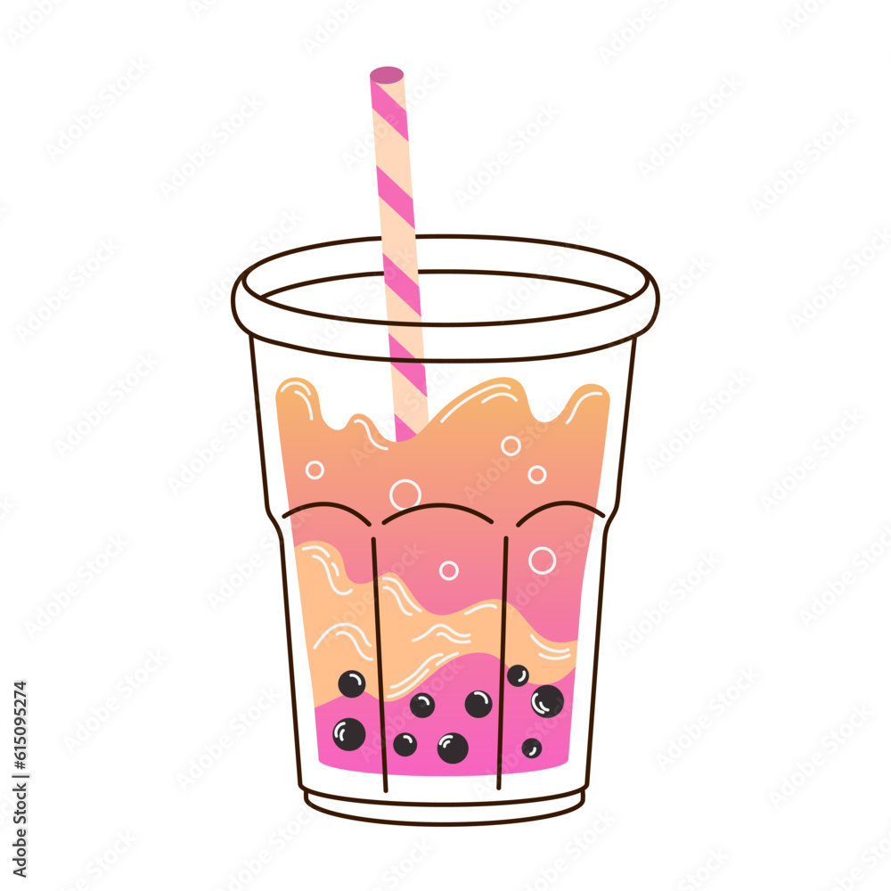 Cup of pink orange bubble tea with stick and tapioca in flat style isolated on white background. For print, design, poster Cup of pink orange bubble tea with stick and tapioca in flat style isolated on white background. For print, design, poster